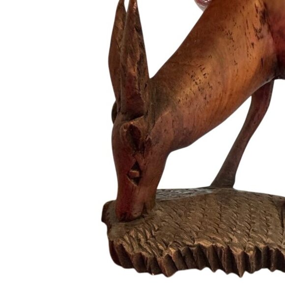 Hand-Carved Wooden Grazing Deer Figurine Sculpture - Picture 8 of 9